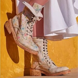 Free People Floral Ankle Boots - Cream and Pink